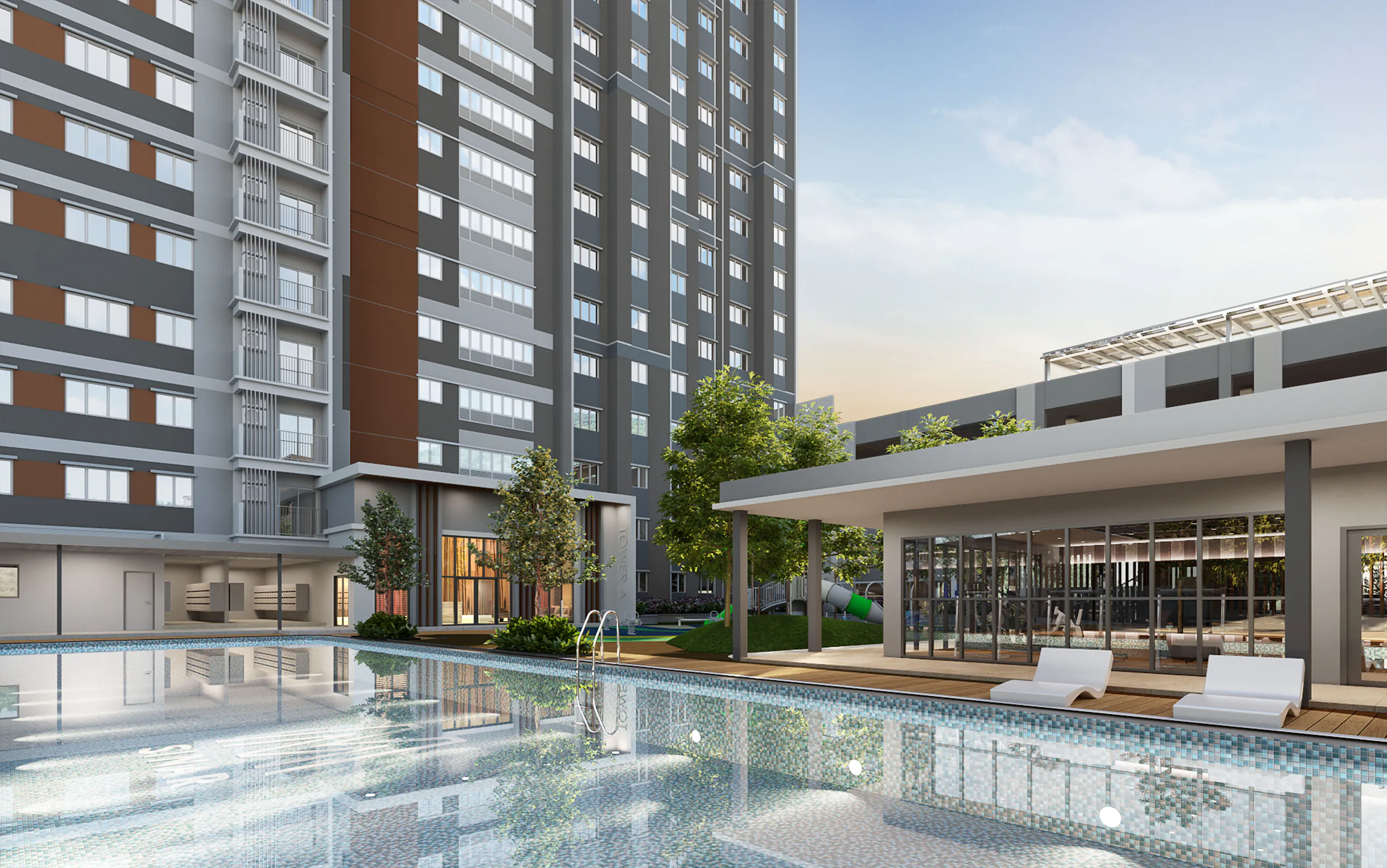 Render of the pool and clubhouse at M Sinar